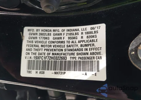 2017 Honda Civic Ex-L from USA, damaged, VIN 19XFC1F72HE022693
